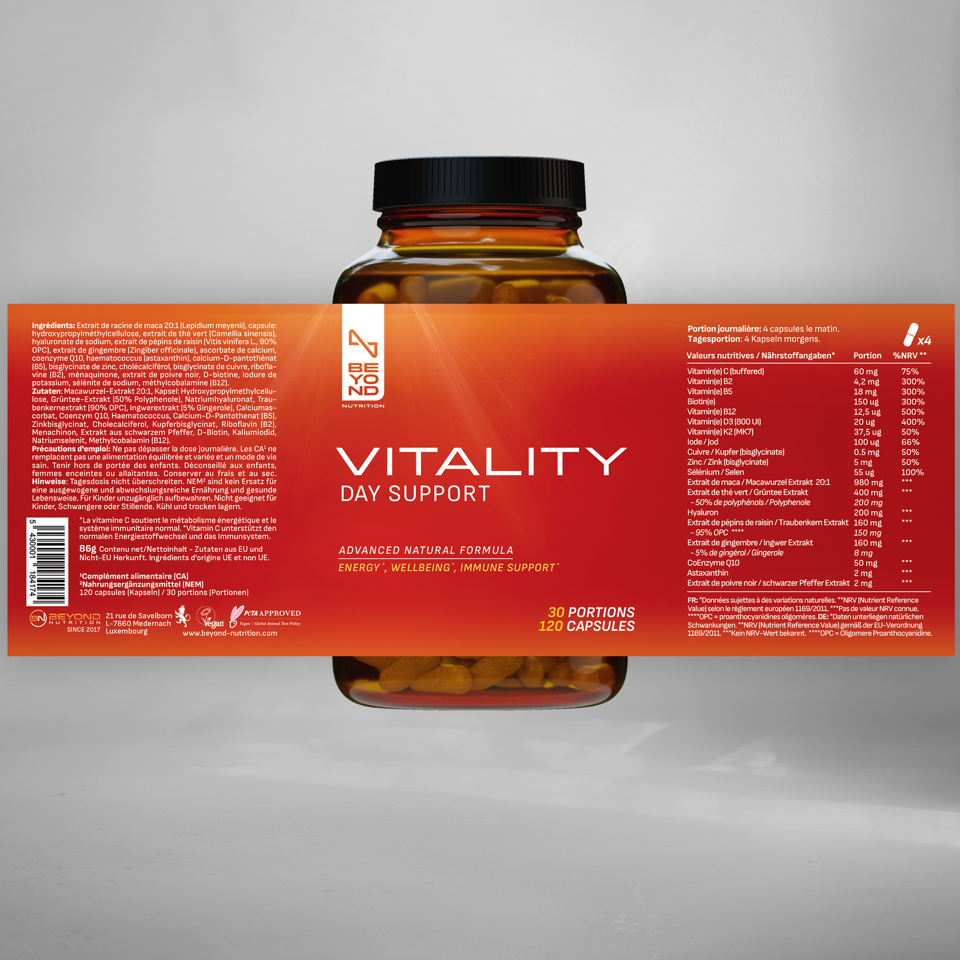 Supplement bottle with 'Vitality Day Support' label on a gray background