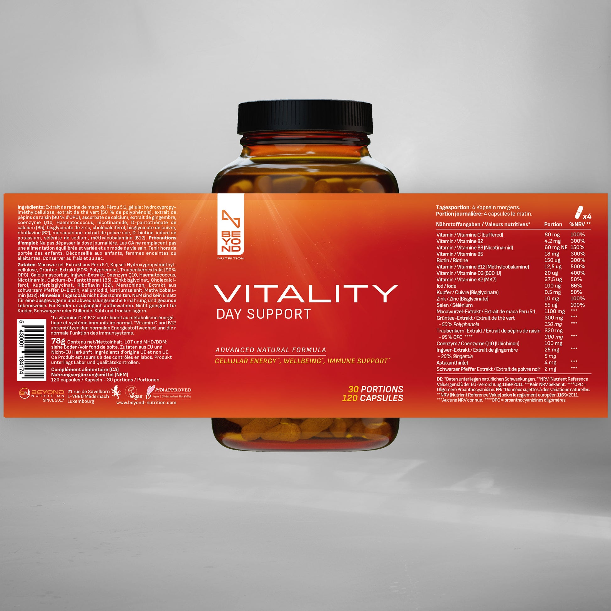 Vitamins bottle with 'Vitality Day Support' label on a gray background from beyond Nutrition