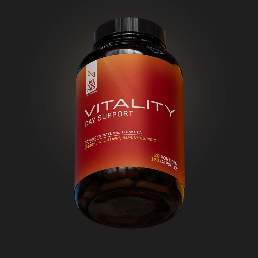 Supplement bottle labeled 'Vitality Day Support' on a dark background