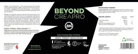 Beyond CreaPro das Creatine für den Profisport - Shop Nahrungsergänzungsmittel online | Beyond Nutrition - Creatine, CrossFit, Kraftsport, Post-Workout, Pres-Workout, Sportnahrung -  Bild vom Produktetikett